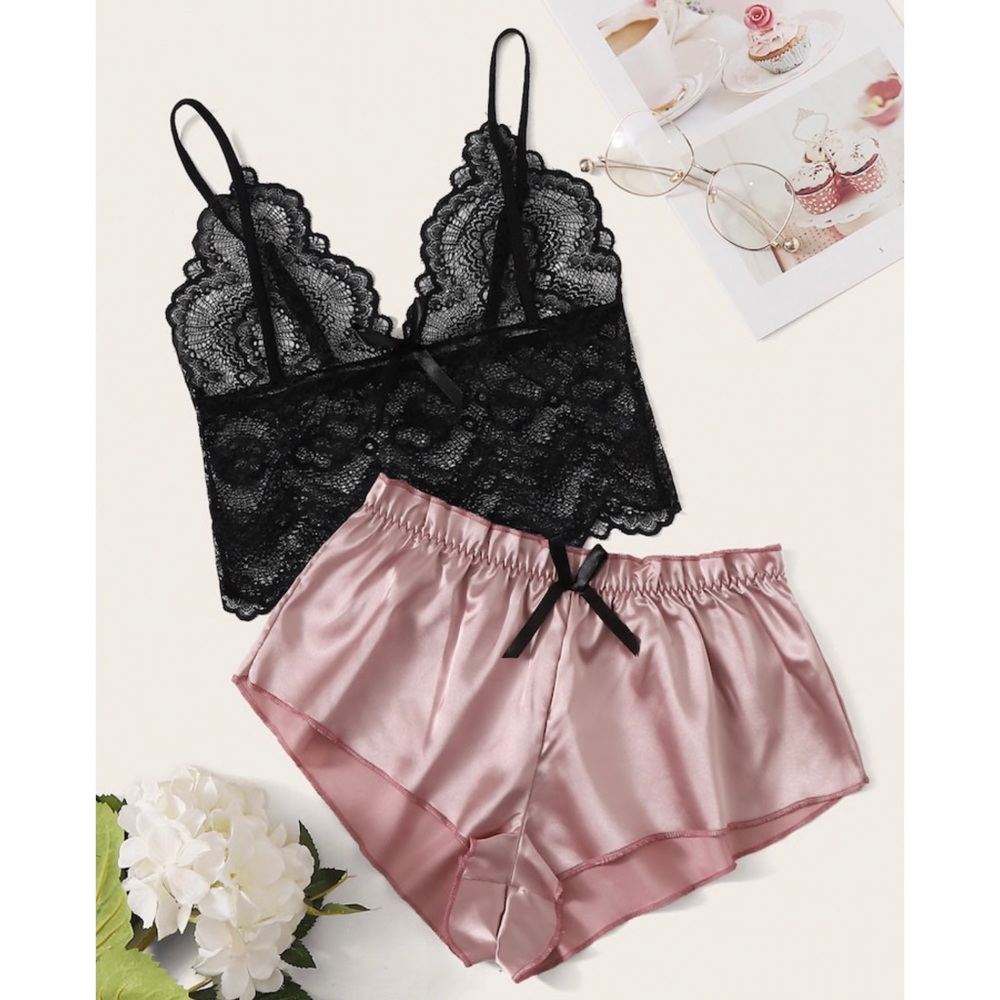 Lace Bralette With Satin Shorts